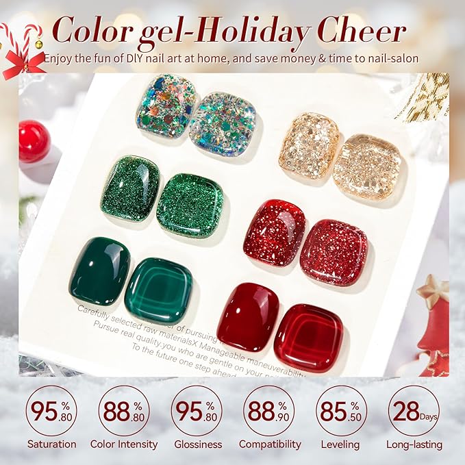 Born Pretty Gel Nail Polish Set 6 Colors,Spring Summer Green Red Gold Glitter Colos Gel Polish Kit Nail Art Manicure Design DIY Home Salon Collection Gift