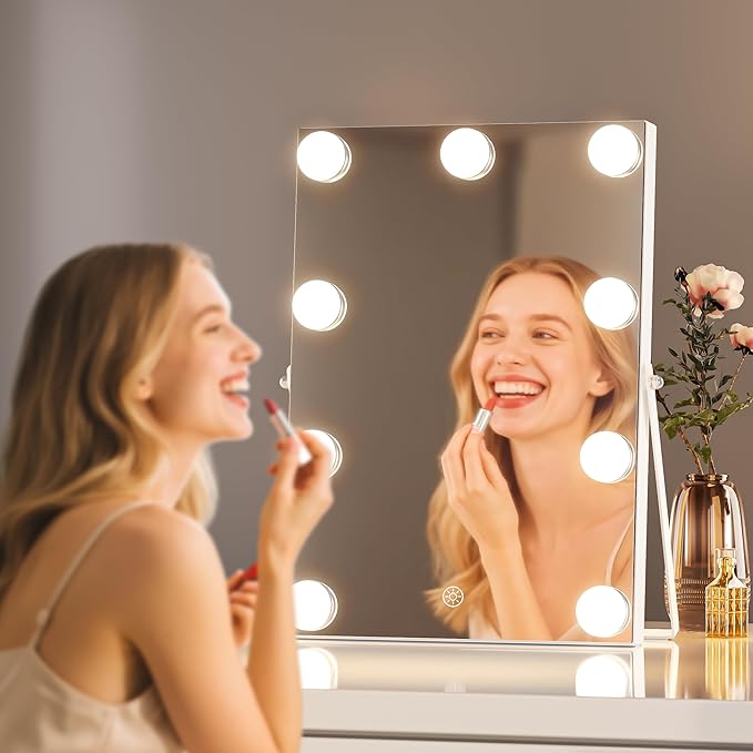 MINISO Vanity Mirror with Lights - 10" x 14" Hollywood Makeup Mirror with Adjustable Brightness,3 Modes Light, 360°Rotation