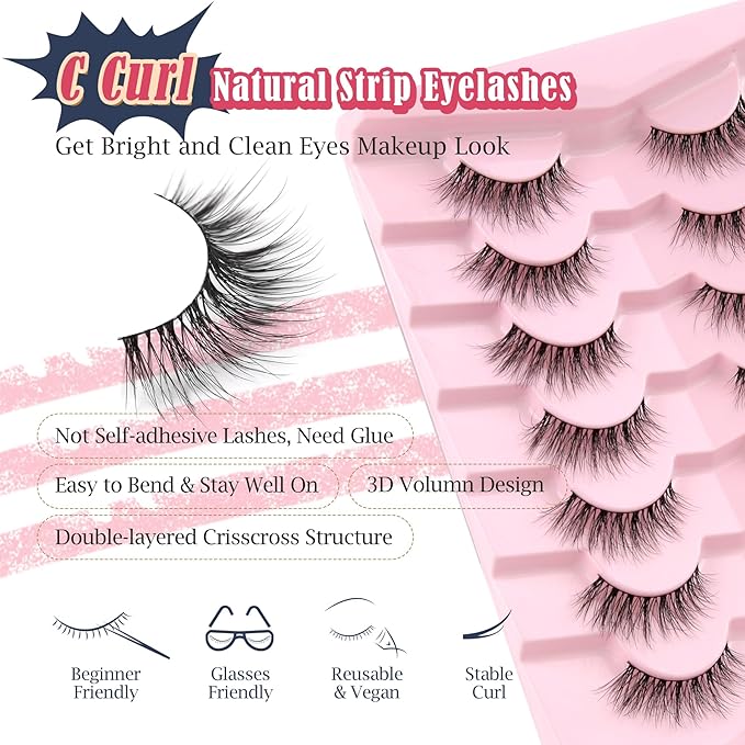 Natural Cat Eye Lashes Wispy Eyelashes 14mm Lightweight False Eyelashes 3D Volume Natural Strip Lashes 0.1mm Thin Cotton Band Lashes Pack C Curl Soft Lashes 7 Pairs Siligli