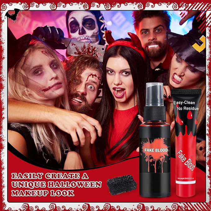 CAHIUYOA 3PCS Halloween Special Effects Makeup Kit - Washable Fake Blood Spray,Fake Blood Cream,Stipple Sponge, Face Body SFX Cosplay Kit for Vampire Zombie Clown Makeup