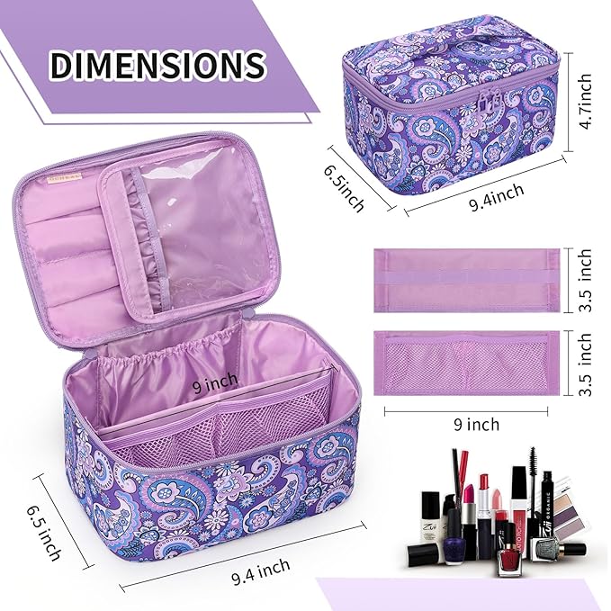 OCHEAL Makeup Bag - Portable Large Capacity Travel Cosmetic Case for Women with Handle and Divider Toiletry Organizer for Girls on the Go -Purple