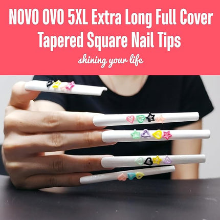 NOVO OVO Extra Super Extreme Long Straight Tapered Square Nail Tips, 5XL XXXXXL Clear Full Cover French Tips False Fake Nail Extension, Coffin Nails for Professional Acrylic, 120 pcs 12 Sizes