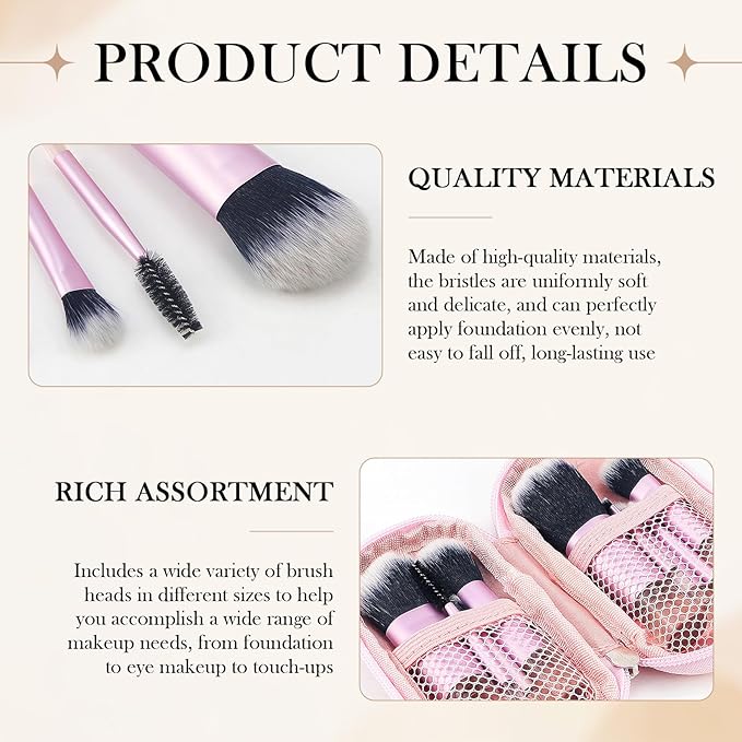 10 Pcs Mini Portable Makeup Brush Set Complete Travel Cosmetic Brushes Kit with Pouch for Blush Powder Eyeshadow Perfect for Women and Girls(pink)