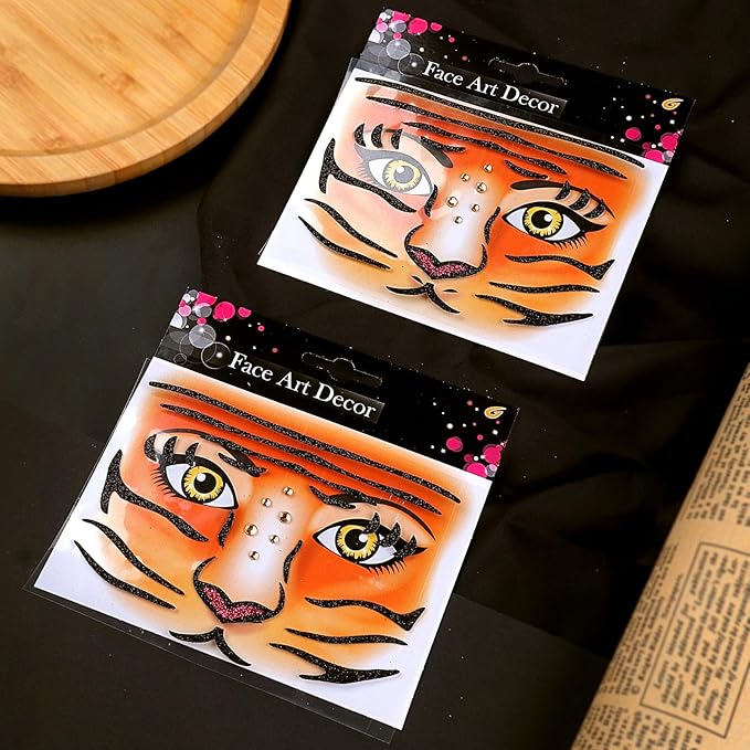 Face Stickers Gems Halloween Temporary Tattoo Sticker Animals Face Sticker Decal Body Face Self-adhesive Sticker Stage Makeup Party Cosplay Decoration 2pcs (tiger)