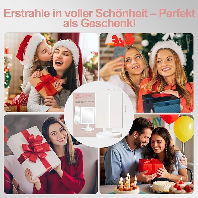 S'bagno LED Makeup Mirror with 1X/2X/5X Magnification, Dimmable Light, Rotation for Beauty, Makeup, Skincare & Grooming