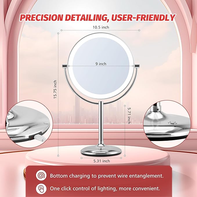 Magnifying Makeup Mirror with Light: 9" Large 1X/10X Lighted Makeup Mirror, Double Sided Vanity Tabletop Mirror 360°Rotation & Adjustable Brightness, Type-C Charging & Touch Switch on Base, Chrome
