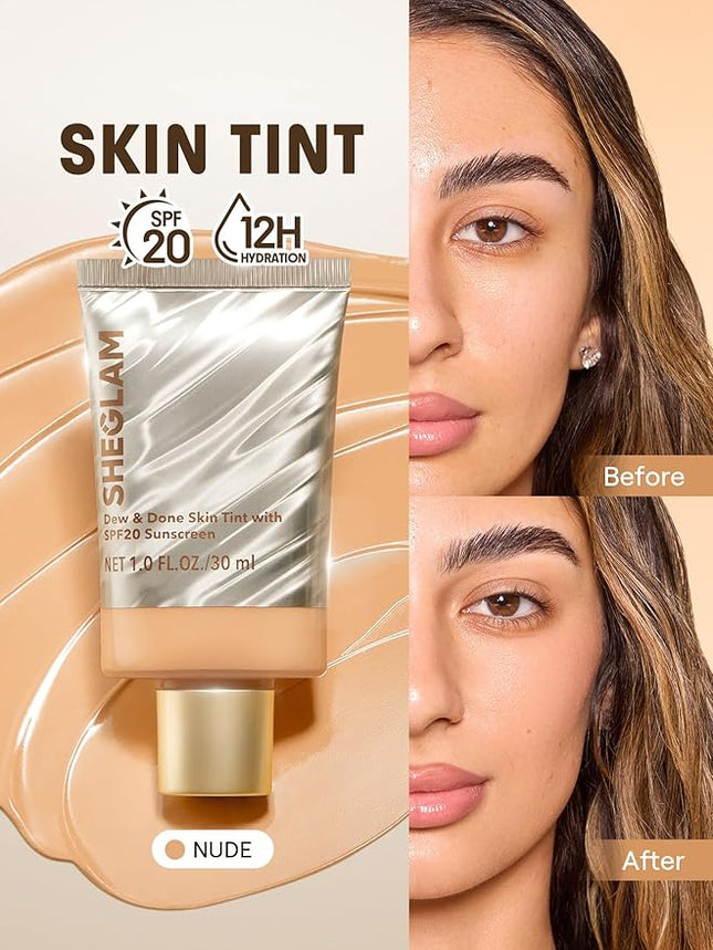 SHEGLAM Dew & Done Skin Tint with SPF20 Light-medium Coverage Foundation Evens Skin Tone-Nude