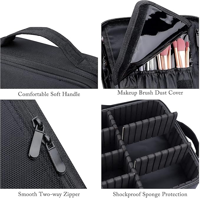 JOURMON Travel Makeup Bag, Large Capacity Cosmetic Train Case for Women Portable Pouch Open Flat Artist Brushes Toiletry Jewelry Digital Organizer Storage Bag with Adjustable Dividers (Black,S)