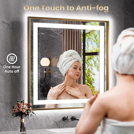 Amorho 40"X36" LED Bathroom Mirror, Gold Metal Framed Mirror with Front Light and Backlit, Stepless Dimmable, Anti-Fog, Shatter-Proof, Memory, 3 Colors