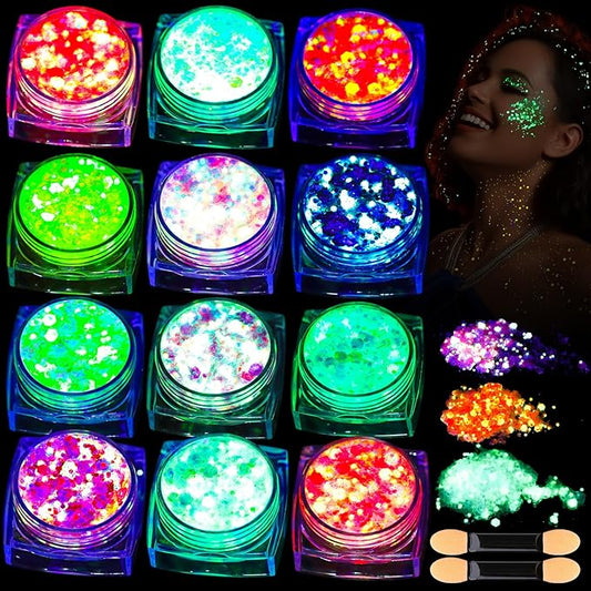 Teenitor 12 Colors Glow in The Dark Glitter Gel, Face Glitter Body Glitter Gel Hair Glitter for UV Black Light Halloween Makeup Raves Festivals