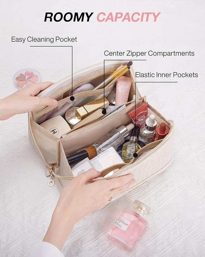 BAGSMART Makeup Bag, Travel Cosmetic Bag Organizer, PU Leather Water-Resistant Pouch, Open Flat Makeup Storage for Toiletries, Brushes, PU Leather Beige