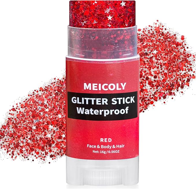 MEICOLY Red Face Body Glitter Stick,Hair Glitter Stick for Kids and Women,Sparkle Chunky Glitter Makeup for Halloween Mardi Gras,Waterproof Face Glitter for Party Rave Festival