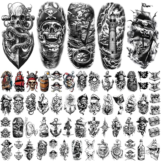 77 Sheets Pirate Temporary Tattoos Adult,Captain Anchor Compass Sailboat Tattoos, Pirate Ships Flag Skull Crossbones Sailor Fake Tattoo for Costume, Halloween Fake Arm Tattoos for Men Women Kids