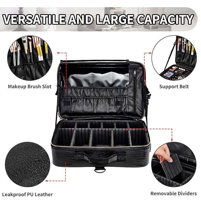 gzcz Travel Makeup Case 16" Large Cosmetic Bag Organizer Professional Portable PU Leather Makeup Storage Case Artist Box with Adiustable Dividers & Strap (L-Crocodile Pattern)