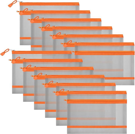 12 Pieces Zipper Nylon Mesh Pouch, Mesh Cosmetic Bags Makeup Bags Pencil Case, Multipurpose Travel Bags for Cosmetic School Office Supplies and Travel Accessories (2 Layers-Grey, A5)