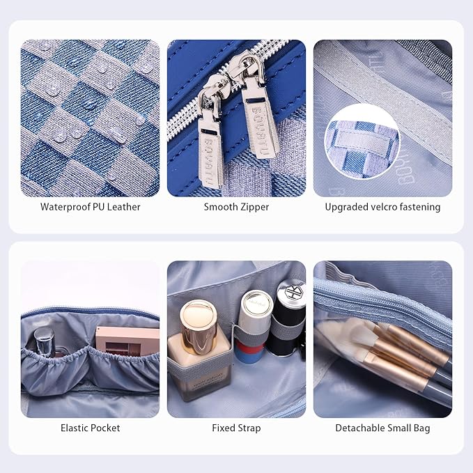 BOYATU Travel Makeup Bag for Women: Large Cosmetic Bag Set of 3 - PU Leather Make up Bag with Compartments - Compact Waterproof Toiletry Bag with Divider & Handle (C-01Blue)