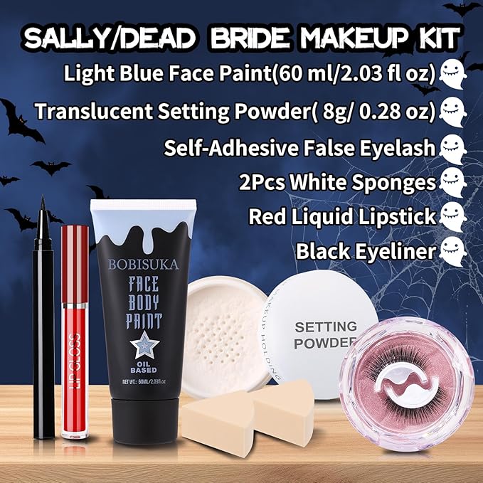 6 PCS Halloween Sally Makeup Set - Includes Light Blue Face Body Paint(60ml), Black Eyeliner, False Eyelashes, Red Lipstick - Oil-Based SFX Face Painting Kit for Costume, Cosplay, Dress-Up Party