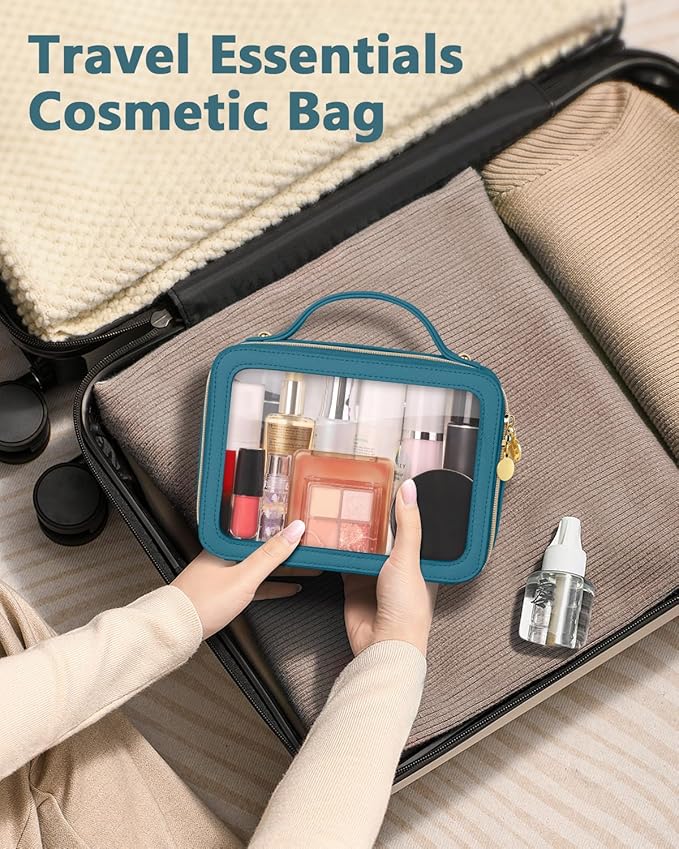 Clear Makeup Bag, Portable Travel Cosmetic Bags, Multipurpose Leather Toiletry Bag with Zipper, Waterproof Transparent Cosmetic Organizer for Women, Medium, Blue