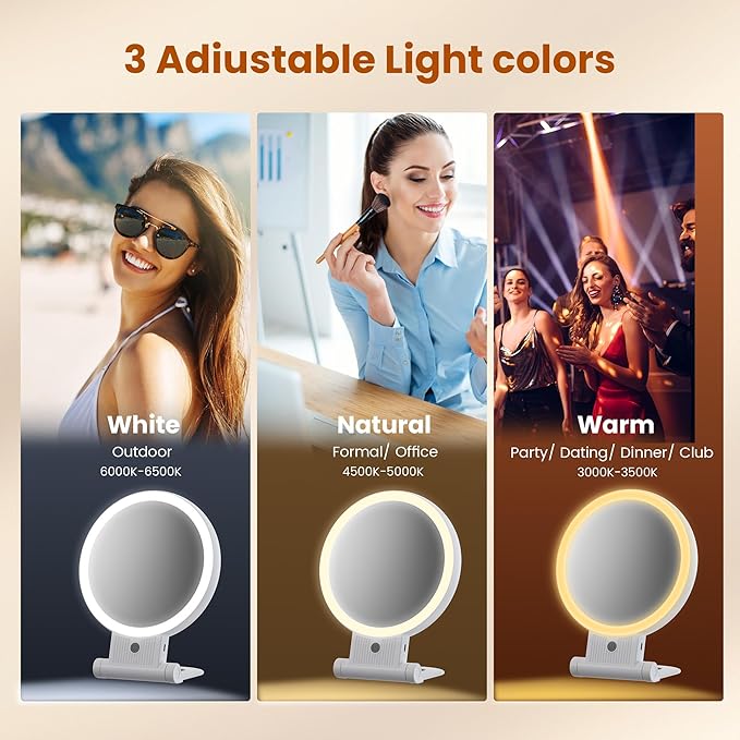 1X/30X Lighted Makeup Mirror with Magnification, Double-Sided Switch, 3-Color Lights, 2000mAh Rechargeable, Adjustable Brightness, Swivel Makeup Mirror with Lights for Vanity or Wall Use