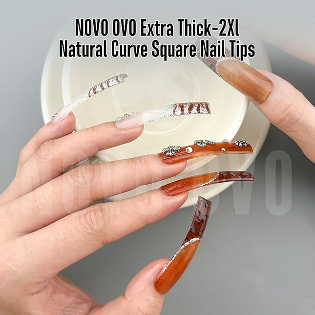 NOVO OVO Halloween XXL Shape Square Slight Curved Nail Tips No C Curve, Extra Thick Natural Curve Clear False Nails Press on, Full Cover Soft Gel Extension Fake Nail Acrylic for DIY x 15 Size 240pcs
