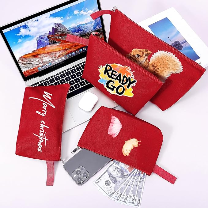 10 Pieces Cotton Canvas Makeup Bag with Bottom and Strap, Multi-Purpose Cosmetic Bag with Zipper Travel Toiletry Pouch, Blank DIY Craft Bag (Red, L)