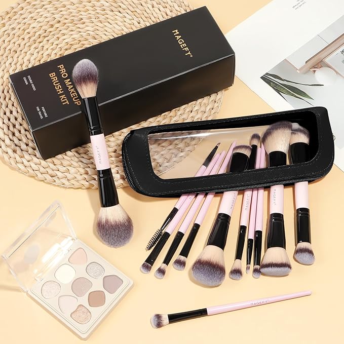 MAGEFY Makeup Brushes 12Pcs with Bag, Double-End Multi-functional for Foundation Powder Blush Eyeliner Eyeshadows brushes with Gift Box,Pink