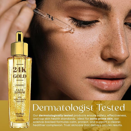 Stellar Glow 24K Gold & Hyaluronic Acid Serum For Face - Dermatologist Tested, Anti-Aging Skin Care, Ultra Hydrating for Blemishes, Dry & Acne-Prone Skin - Korean, Vegan, Clean Beauty - 2 FL. Oz
