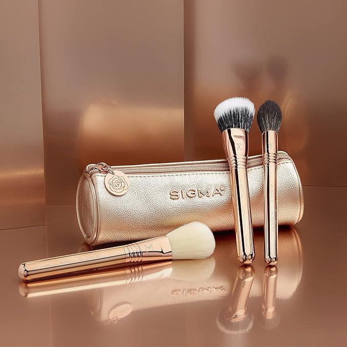 Sigma Beauty Bloom + Glow Makeup Brush Set – Set of 3 Face Makeup Brushes for Blush, Contour, Bronzer, and Highlighter, Includes Stylish Rose Gold Small Makeup Bag (4 Pcs)