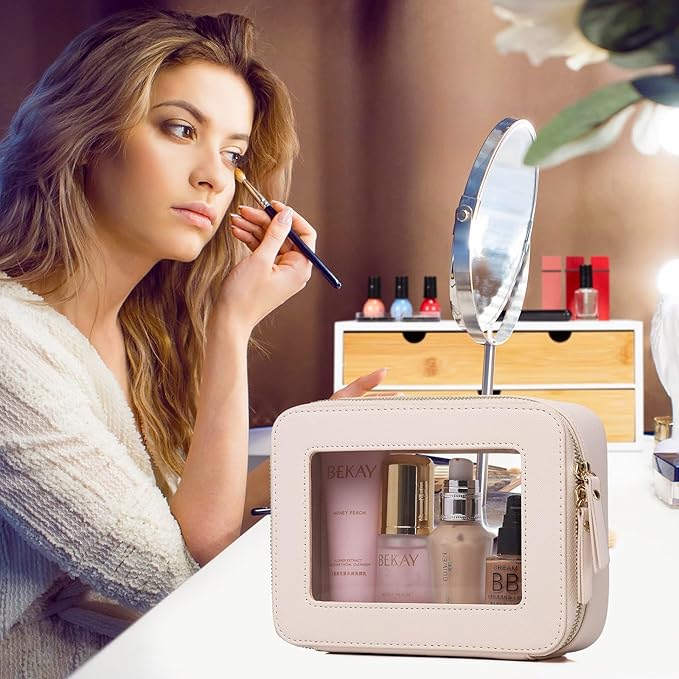 Pinkmik Clear Makeup Bag for Women Waterproof Travel Cosmetics and Toiletries Case Portable Makeup Oaganizer Bag Clear Car Bag with Zipper (Beige, M+L)