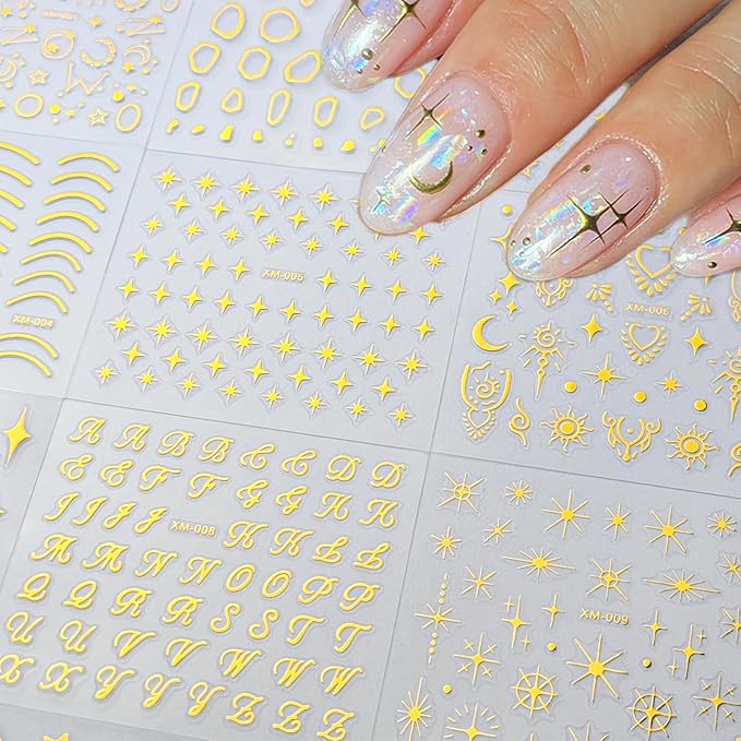 30Sheets Gold Nail Art Stickers Star Line 3D Self Adhesive Nail Stickers for Nail Art Moon Stars Nail Decals Heart Nail for Women and Girls Manicure DIY Decoration