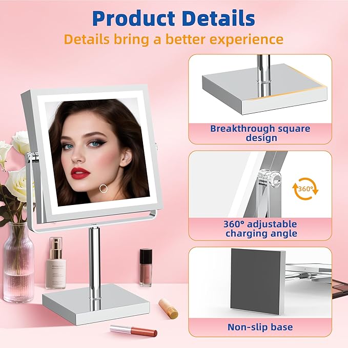 Ruacq Rechargeable Makeup Mirror, 4000mAh Lighted Makeup Mirror with Magnification 1X/10X, Height Adjustable Vanity Mirror with Lights, 3 Color Lights, Adjustable Brightness, 360°Rotation (Chrome)