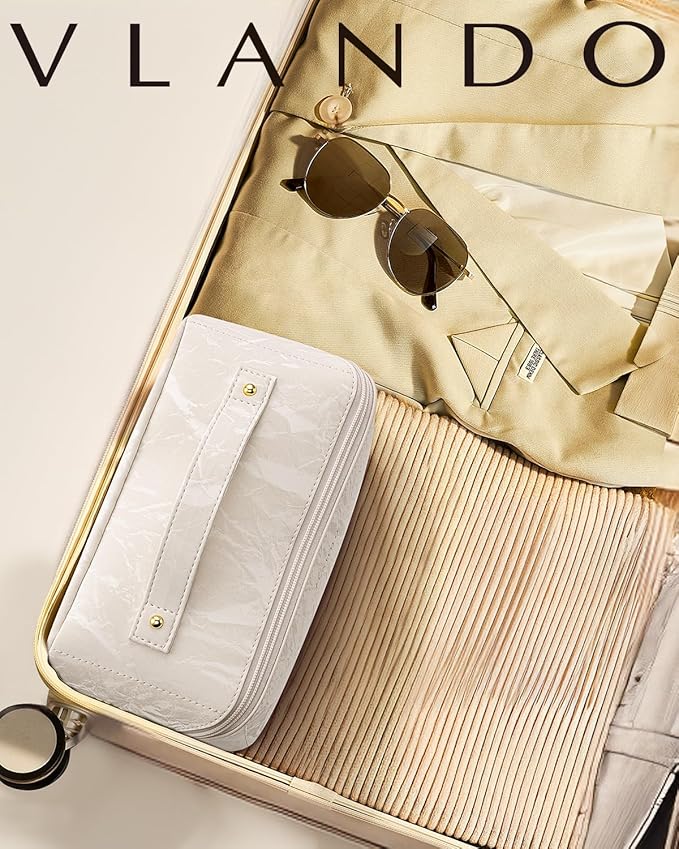 Vlando Makeup Bag,Large Capacity Toiletry Bag for Women Waterproof Portable Make up Pouch PU Leather Open Flat Cosmetic Bag(Cream White)