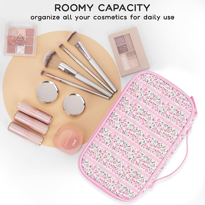 Relavel Cute Makeup Bag for Girls, Portable Pink Cosmetic Bag, Dual-layer Makeup Pouch with Brush Holder, Multi-Functional Preppy Toiletry Organizer for Travel, Daily Use - Pink Flower