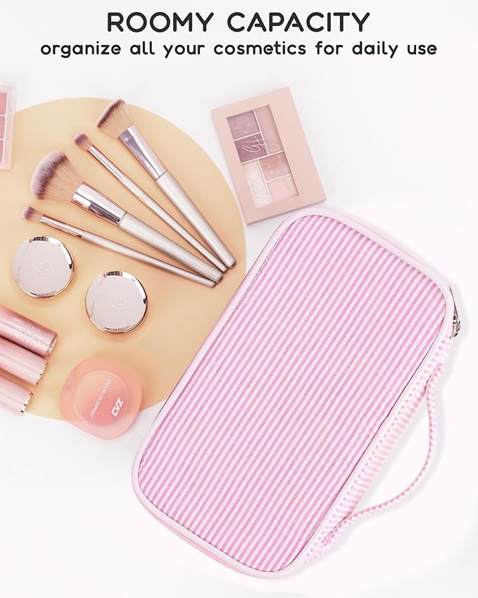 Relavel Cute Makeup Bag for Girls, Portable Pink Cosmetic Bag, Dual-layer Makeup Pouch with Brush Holder, Multi-Functional Preppy Toiletry Organizer for Travel, Daily Use - Pink Strip