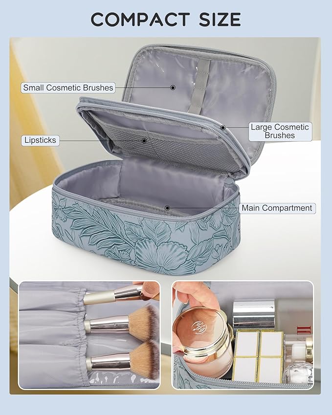 Relavel Cute Makeup Bag for Girls, Portable PU Leather Cosmetic Bag, Dual-layer Makeup Pouch with Brush Holder, Multi-Functional Preppy Toiletry Organizer for Travel, Daily Use - Flora Butterfly