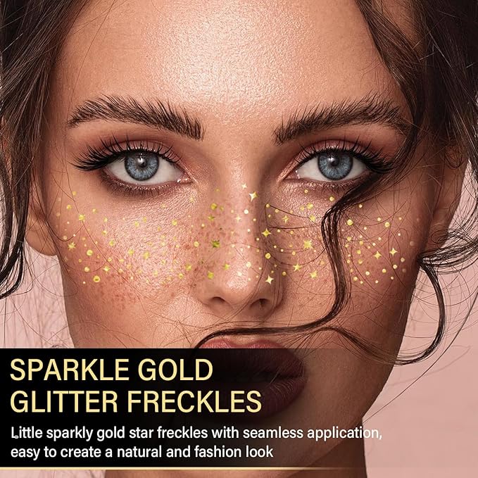 20 Pcs Gold Face Makeup Patches, Glitter Freckles Face Tattoo Gold Makeup, Glitter Freckles, Sparkle Makeup Patches, Waterproof Face Glitter Freckles Patches for Women
