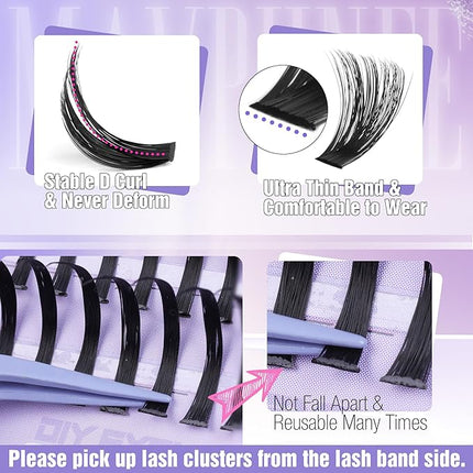 Lash Clusters Kit 100D Eyelash Clusters 12-21MM Long Spiky Cluster Eyelash Extensions Kit Mega Volume Individual Lash Extensions DIY Lash Spikes with Lash Bond and Seal and Tweezers by Mavphnee