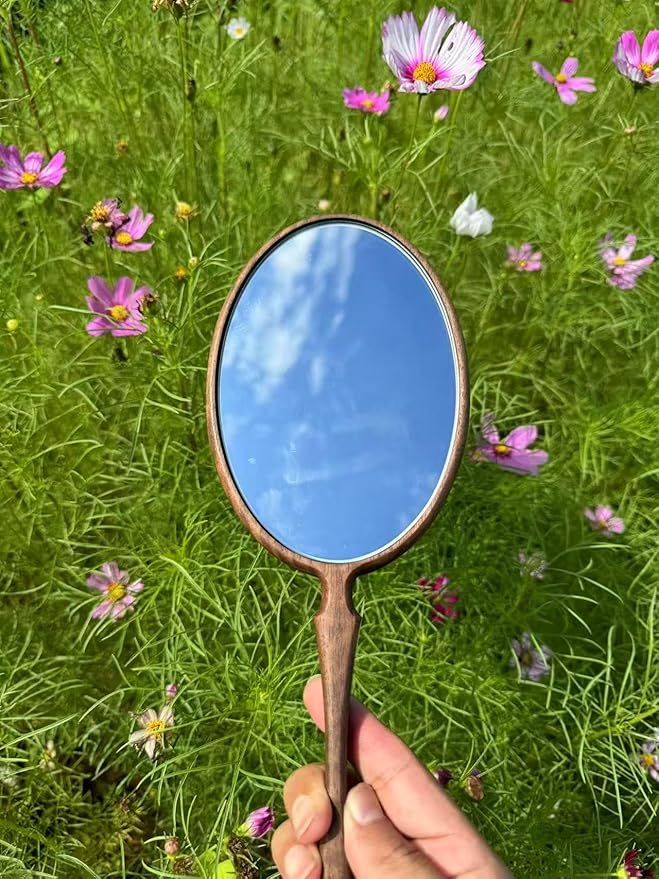Hand Mirrors with Handle for Makeup, Touching Up and Shaving, Oval Vintage Hand Held Mirror for Men&Women, 11.4" L x 4.3" W, Multi-Purpose for Salon Home Travel, Walnut Wood