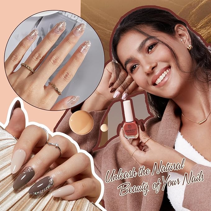 AZUREBEAUTY Brown Shades Champagne Glitter Nail Polish Set 8 Colors, Quick Dry Natural Nail Lacquer Strengthening Treatment Kit DIY Salon