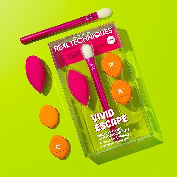 Real Techniques Vivid Escape Bright Eyes Concealer 4 Piece Set, Includes Kitten Paw Makeup Brush, Powder Puff, & Concealer Makeup Blending Sponge, Targeted Concealing, Travel Friendly, Cruelty-Free