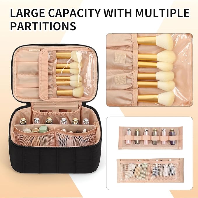 OCHEAL Black Makeup Bag - Portable and Spacious Cosmetic Organizer for Women's Travel with Handle, Divider, Large Capacity for Girls on the Go-Black