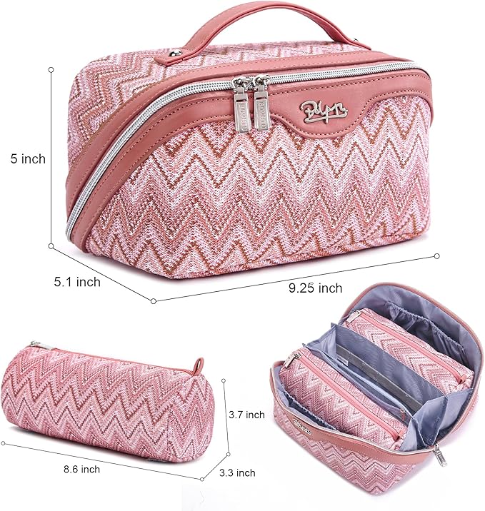 Travel Makeup Bag for Women: Western Boho Make up Bag Set of 3 - Large Capacity Vegan Leather Cosmetic Bag - Waterproof Toiletry Bag with Compartments & Handle & Divider(B-05Red)