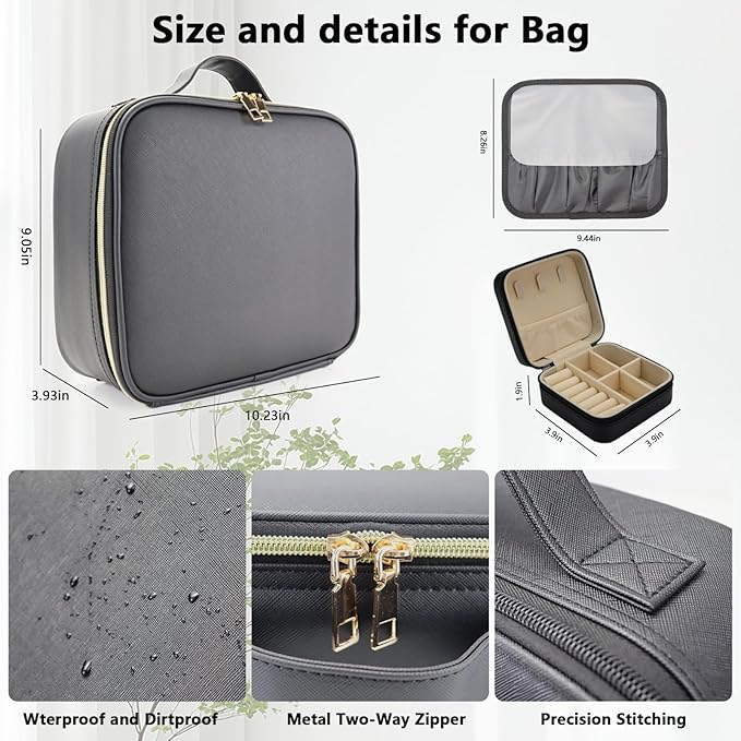 Travel Makeup Bag with LED Mirror with 3 Lighted Settings, Adjustable Dividers, Makeup Brush Storage Bag and Jewelry Case Black