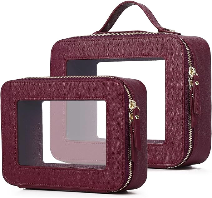 Pinkmik Clear Makeup Bag for Women Waterproof Travel Cosmetics and Toiletries Case Portable Makeup Oaganizer Bag Clear Car Bag with Zipper (X/Burgundy, M+L)