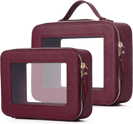 Pinkmik Clear Makeup Bag for Women Waterproof Travel Cosmetics and Toiletries Case Portable Makeup Oaganizer Bag Clear Car Bag with Zipper (X/Burgundy, M+L)