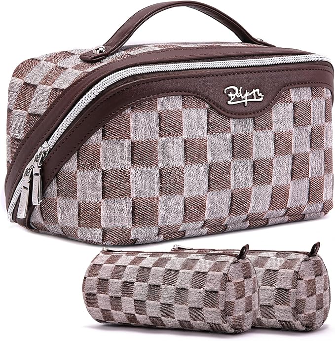 BOYATU Travel Makeup Bag for Women: Large Cosmetic Bag Set of 3 - PU Leather Make up Bag with Compartments - Compact Waterproof Toiletry Bag with Divider & Handle (C-03Brown)