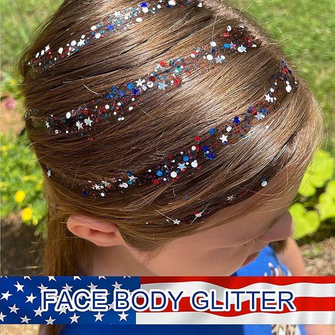Body Face Glitter Makeup for Kids Women, Sparkly Chunky Hair Glitter, Mermaid Birthday Decorations Rave Outfits for Women (Fourth of July Body Glitter)