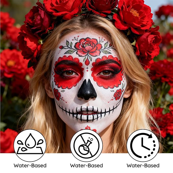 Red Face Paint - Professional Water-Based Non-Toxic Body Painting for Devil Joker Halloween SFX Cosplay, Cream Formula Washable paint for Costume Party Theater Stage Performance