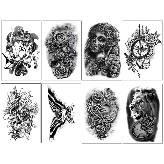Yazhiji 32 Sheets Temporary Tattoos Stickers, 8 Sheets Fake Body Arm Chest Shoulder Tattoos for Men Women with 24 Sheets Tiny Black Temporary Tattoos