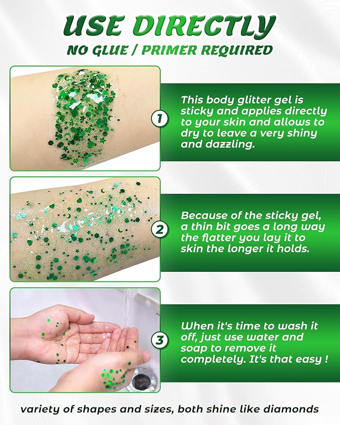 6PCS Green Face & Body Glitter Gel Kit - Holographic Chunky Sequins for Festival, Rave Accessories | Green Face Paint for Women, Kids Sparkling Makeup | Easy to Apply & Wash Off